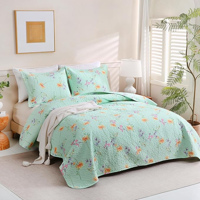 JSD Green Floral Quilt Set King Size, 3 Piece Printed Bedspreads Coverlet with Pillow Sham, Soft Microfiber Quilted Blanket
