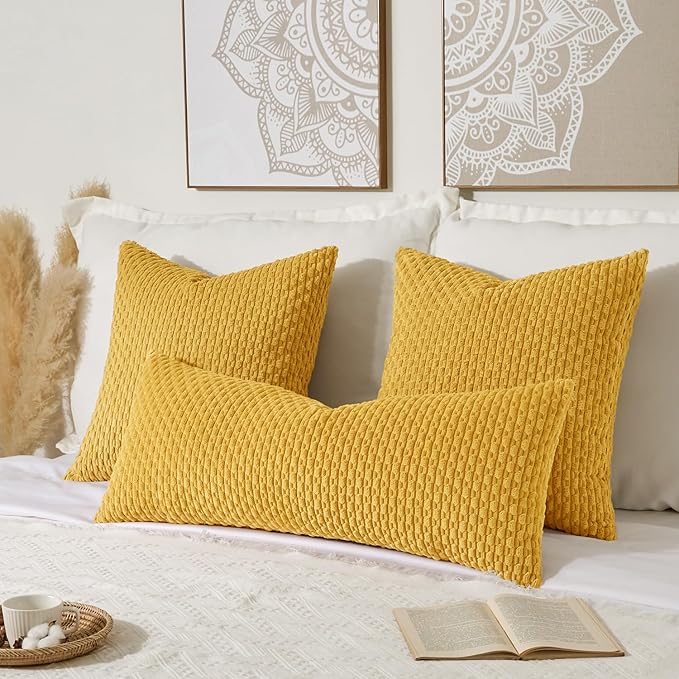 Kevin Textile 14x36 Inch Long Lumbar 1 Pack Boho Decorative Throw Pillow Cover Soft Striped Corduroy Rectangle Cushion Case Farmhouse Solid Color Accent for Living Room Couch Sofa Bed, Mustard Yellow
