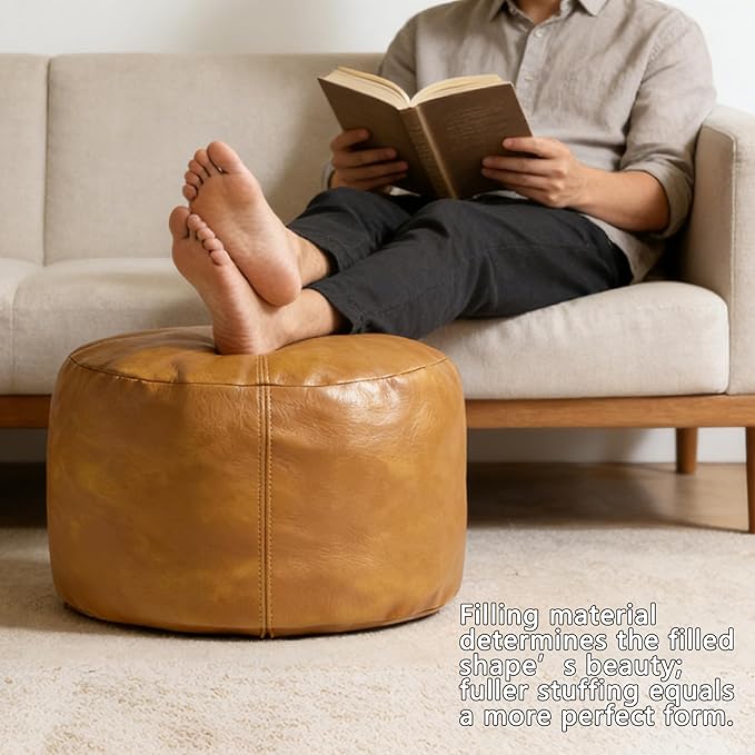 Thgonwid Unstuffed Faux Leather Pouf Cover, Handmade Footstool Ottoman Storage Solution, Floor Footrest Cushion - 16.5”Dx12”H, Yellow