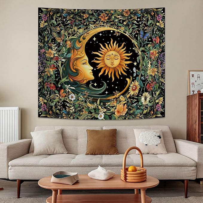 Apdidl Sun and Moon Hippie Decor Tapestry for Bedroom, Boho Hippy Mystic Floral Tapestries Wall Hanging Aesthetic, Vintage Mandala Plants Moon Cute Backdrop Wall Decor for Living Room Dorm 51"X60"