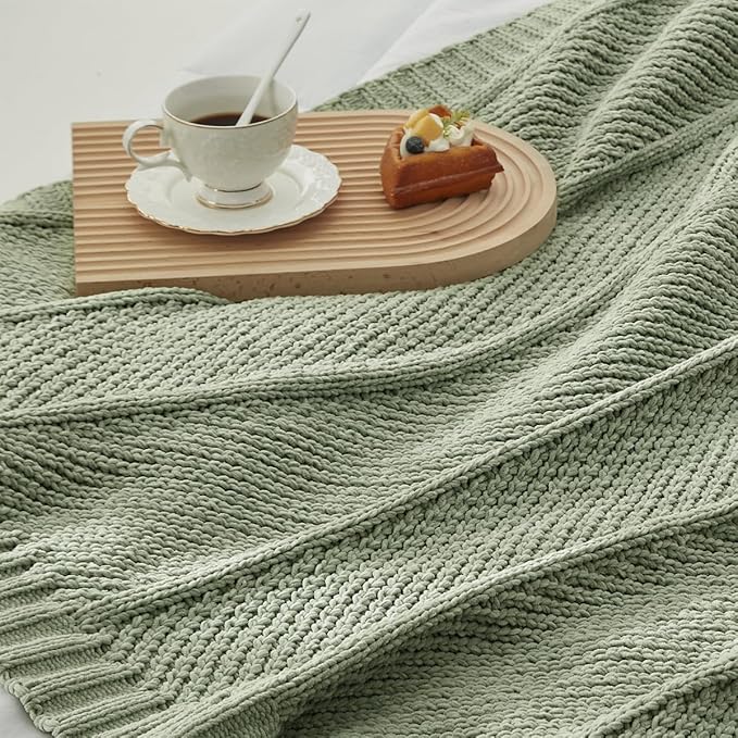 Amélie Home Chevron Chenille Knit Throw Blanket for Couch, Cozy Texture Decorative Soft Blanket for Sofa & Chair, 60"x80", Sage Green