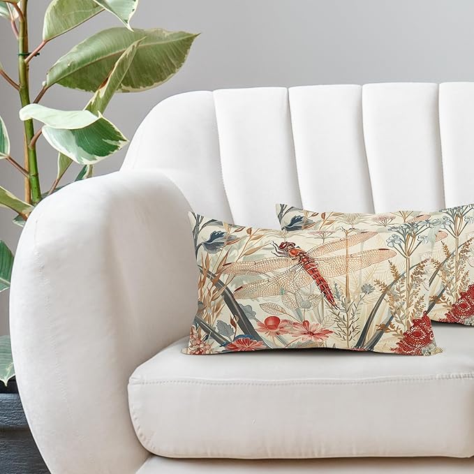 Kawani Summer Dragonfly Lumbar Pillow Covers 12X20 Inch Red Floral Flower Botanical Nature Decorative Pillow Cases Set of 2 Vintage Farmhouse Throw Pillows for Cushion Sofa Couch Outdoor