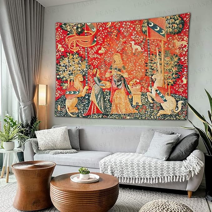 FEASRT Medieval Maiden Tapestry, 60x40 Inches Soft Flannelette, Lady and Unicorn for Living Room Bedroom Dorm