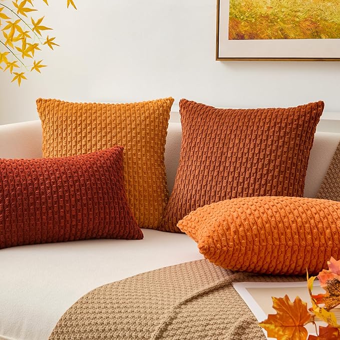 Kevin Textile Fall 12x24 Inch Pillow Cover 1 Pack Boho Decorative Soft Striped Corduroy Lumbar Farmhouse Solid Color Accent Rectangle Cushion Case for Living Room Couch Sofa Bed, Rust