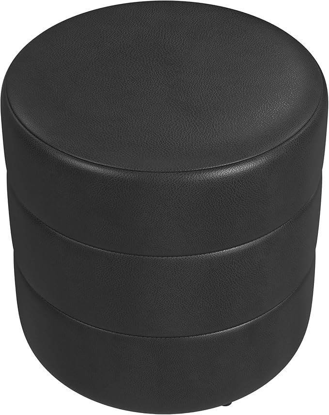 Spatial Order Upholstered Faux Leather Round Ottoman (No Lid, Seat Only) | Spatial Order Home Décor | Foot Rest Pouf – Black Faux Leather