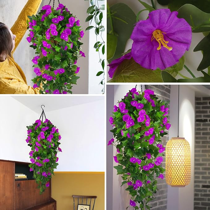 Artificial Fake Hanging Flowers Plants Basket for Spring Outdoor Outside Decoration, UV Resistant Faux Plastic Fabric Flower Morning Glory Wisteria Petunia for Garden Porch Patio Balcony Yard Decor
