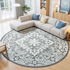 Lessymo 6FT Washable Round Area Rugs for Living Room, Non Slip Circle Rugs Low Pile Vintage Carpet for Bedroom, Dining Room, Nursery, Home Office, Grey Beige