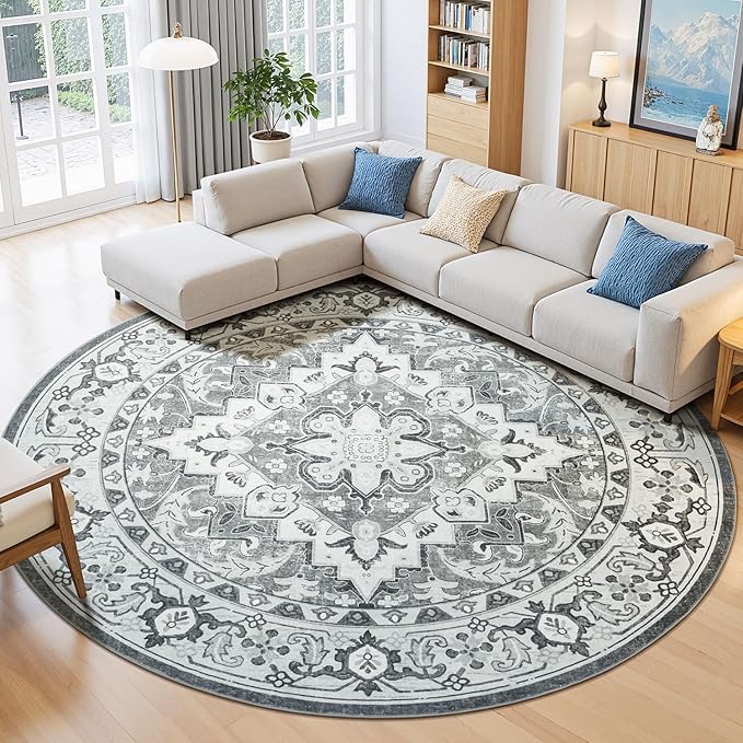 Lessymo 6FT Washable Round Area Rugs for Living Room, Non Slip Circle Rugs Low Pile Vintage Carpet for Bedroom, Dining Room, Nursery, Home Office, Grey Beige