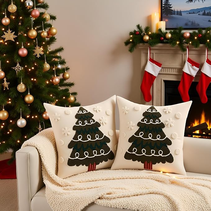Tosleo Christmas Tufted Pillow Covers 18 x 18 inch Set of 2 Green Xmas Tree with Snowflake Throw Pillow Cover Party Decor Winter Holiday Embroidery Cushion Case for Sofa Couch Bed Living Room