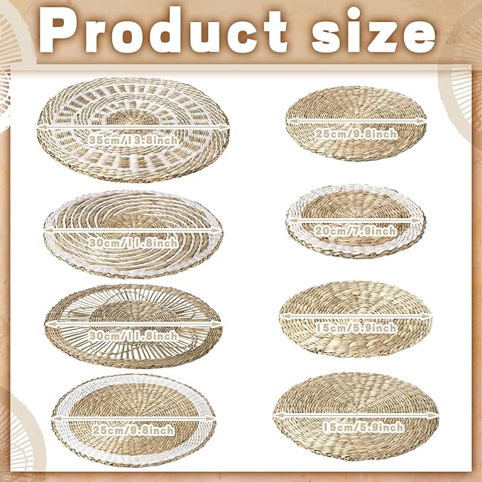 Xuhal 8 Pcs Boho Wall Basket Decor Decorative Bulrush Woven Basket Wall Decor Rustic Farmhouse Hanging Baskets for Kitchen Rustic Home Summer Decorations
