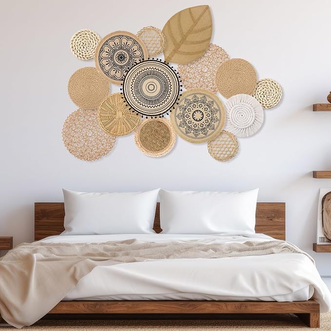 15 Pcs Boho Wall Basket Decor Brown Woven Rattan Seagrass Decor Hanging Rustic Farmhouse Western Wall Art Decoration for Nursery Living Room Bedroom Home Kitchen