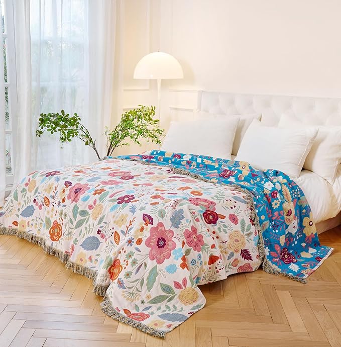 Boho Throw Blanket - 100% Cotton Soft Breathable Spring Throw Blankets, 60"x80" 4-Layer Lightweight Muslin Cotton Quilt, Floral Printed Bohemian Decor Throw Blankets for All Season