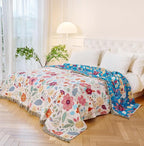 Boho Throw Blanket - 100% Cotton Soft Breathable Throw Spring Blankets, 50"x60" 4-Layer Lightweight Muslin Cotton Quilt, Floral Printed Bohemian Decor Throw Blankets for All Season