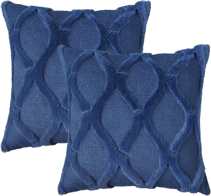 decorUhome Spring Euro Sham Throw Pillow Covers 24x24 Inch Set of 2, Soft Plush Faux Fur Wool Dark Blue Accent Couch Pillow Covers for Modern Farmhouse Bed Sofa Living Room