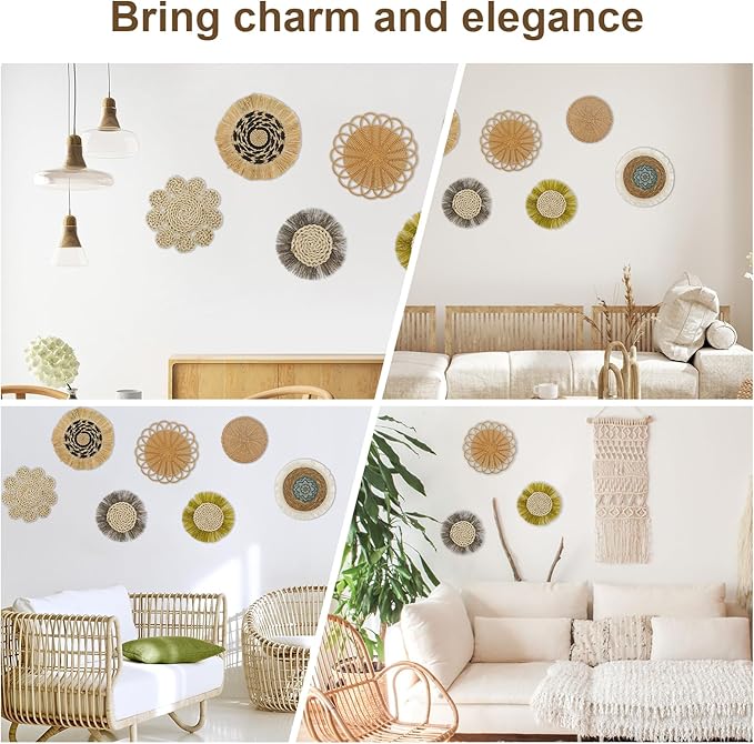 7Pack Boho Wall Basket Set Hanging Woven Wall Basket Decor Rattan Flat Round Wicker Wall Art Set Round Wall Art for Living Room Kitchen Office Bathroom Dining Room (Style 5)