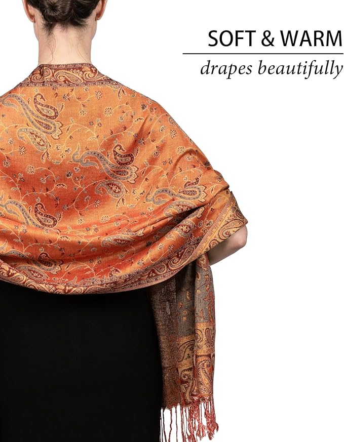 Achillea Reversible Paisley Pashmina Rave Scarf – Exotic Indian Shawls and Wraps for Evening Dresses, Festivals, All Seasons