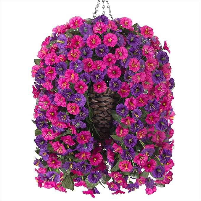 Artificial Fake Hanging Flowers in Basket for Outdoor Indoor Decoration,UV Resistant Faux Silk Dark Purple and Fuchsia Morning Glory Plants Realistic Hanging Planter for Outside Home Porch Yard