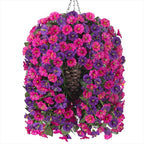 Artificial Fake Hanging Flowers in Basket for Outdoor Indoor Decoration,UV Resistant Faux Silk Dark Purple and Fuchsia Morning Glory Plants Realistic Hanging Planter for Outside Home Porch Yard