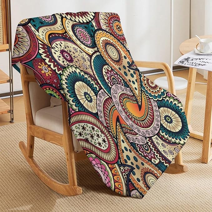 Indian Boho Throw Blanket Mandala Design Colorful Bohemian Floral Paisley Blanket for Sofa Bed Couch Chair Or Dorm 50"x60"
