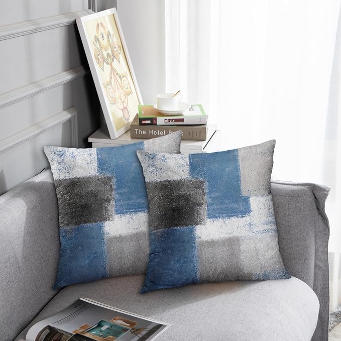 Britimes Throw Pillow Covers Modern Home Art Decor, 18 x 18 Inches Set of 2 Abstract Oil Painting Pillowcases for Bedroom, Living Room, Cushion Couch Sofa, Abstract Blue Grey