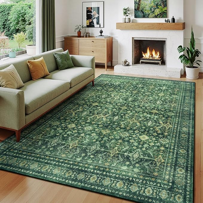Lessymo 5x8 Washable Area Rug with Non Slip Backing,Soft Boho Indoor Carpets for Living Room Bedroom Nursery, Kid and Pet Friendly, Green