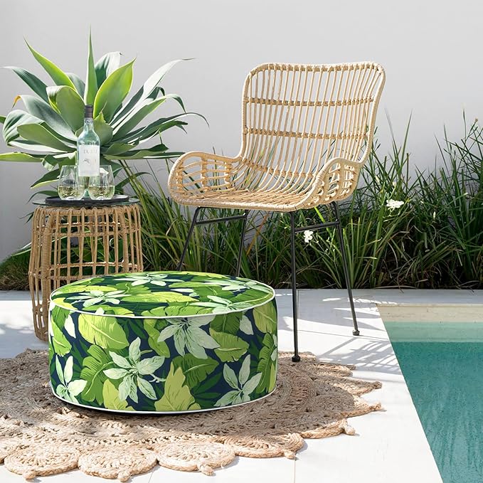 Indoor/Outdoor Inflatable Ottoman with Handle, Decorative Fade-Resistant Round Footstool D21 x H9 inch, Portable Ottoman Pouf for Patio Garden Camping, Jungle Leaves