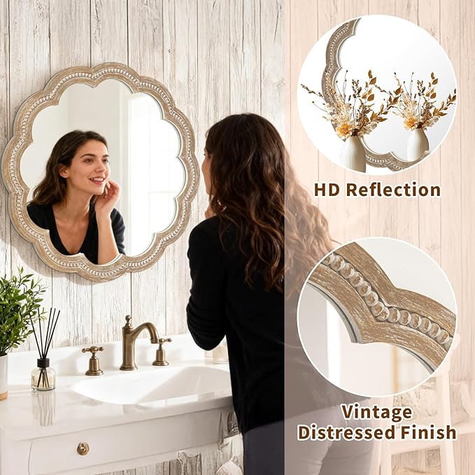 24 Inch Round Wall Mirror, Antique Brown Solid Wood Frame with Scalloped Edge & Beaded Trim, Vintage Farmhouse Mirror for Bathroom, Bedroom, Living Room