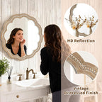 30 Inch Round Wall Mirror, Antique Brown Solid Wood Frame with Wavy Scalloped Edge & Beaded Trim, Vintage Farmhouse Decorative Mirror for Bedroom, Bathroom, Living Room, Entryway