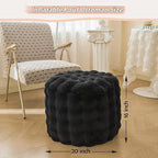 LIFEREVO Luxury Faux Rabbit Fur Round Inflatable Pouf Ottoman, 20 X 16 Fluffy Waffle Bubble Floor Poufs Foot Stool Rest Living Room Bedroom, Furry Pouf Ottoman Chair Seat Home Decor, Anti-Slip, Black