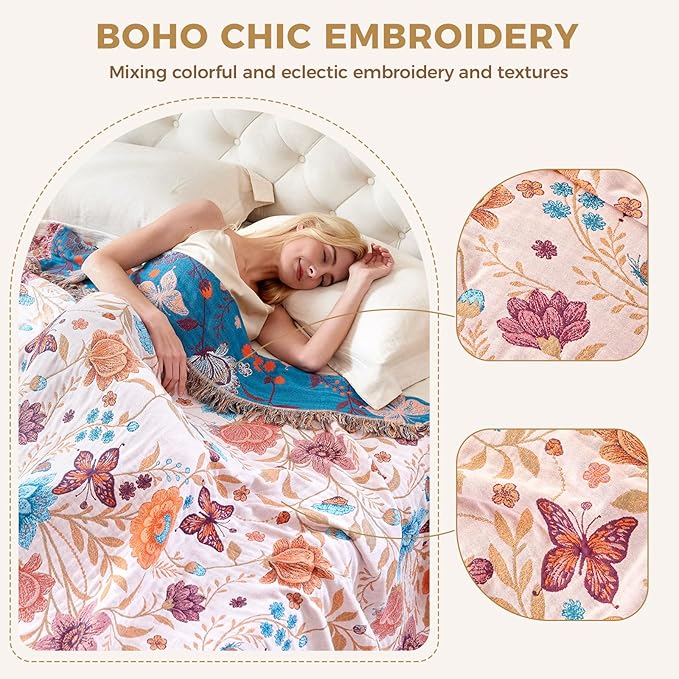 Boho Throw Blanket for Bed Cotton Spring Blankets Twin Size for Bedroom Living Room All Season Lightweight Floral Butterfly Embroidery Quilt for Couch Sofa Chair 60"x80" Home Decor