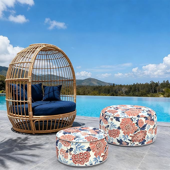 Indoor/Outdoor Inflatable Ottoman with Handle, Decorative Fade-Resistant Round Footstool D21 x H9 inch, Portable Ottoman Pouf for Patio Garden Camping, Red Chrysanthemum