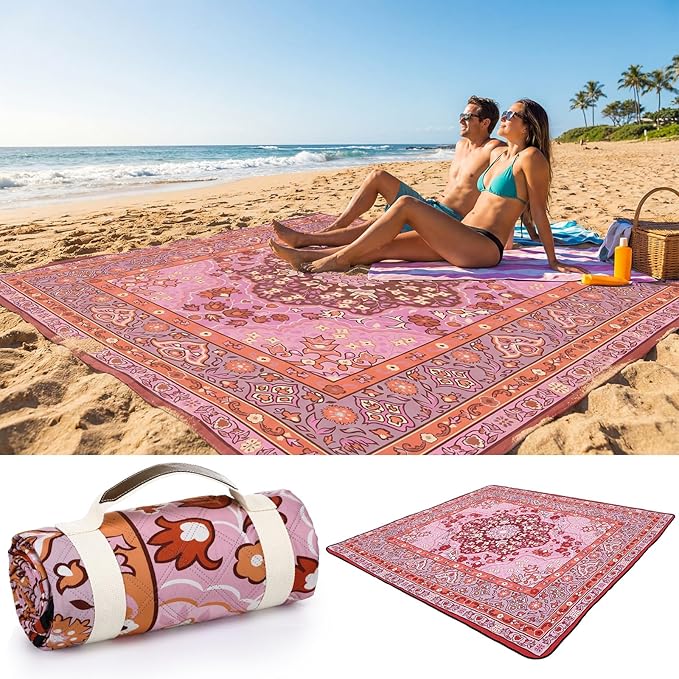 Boho Picnic Blankets 80''x 80'' Extra Large Beach Blanket Waterproof Sandproof Foldable Machine Washable Vintage Grass Lawn Park Mat for Family Camping Party Music Festival