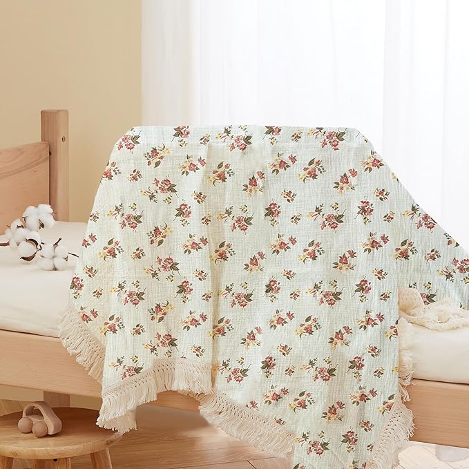 insular Cotton Muslin Baby Blanket with Tassel, Boho Bohemian Muslin Swaddle Blanket Baby Receiving Blanket with Fringe, Nursery Decor Throw or Nursing Blankets, 47" x40”, Floral