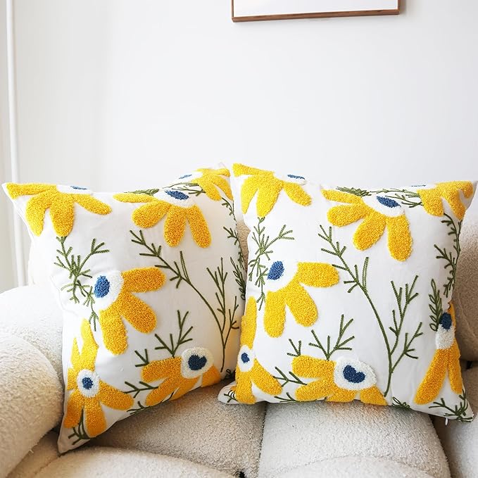 Embroidered Throw Pillow Cover Boho Beige Yellow 2PCS Pillow Covers for Couch Sofa Cotton Linen Daisy Floral Bohemian Pillow Covers 3D Big Flowers Botanical Pillowcase Covers 18x18 Inch