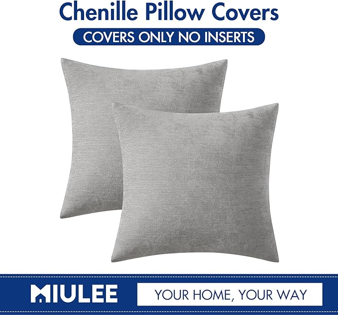 MIULEE Pack of 2 Light Grey Decorative Pillow Covers 20X20 Inch Soft Chenille Couch Throw Pillows Farmhouse Cushion Covers for Home Decor Sofa Bedroom Living Room