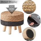 Cpintltr Ottoman Natural Seagrass Footrest Poufs Hand Weave Round Foot Stool for Couch Desk Soft Step Stool Padded Foot Rest with Pine Legs for Living Room Bedroom Natural/Black