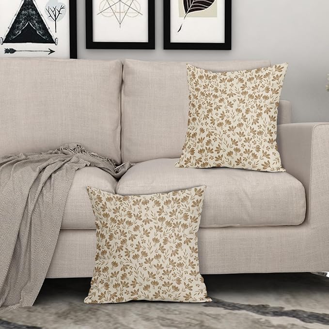 Brown Floral Pillow Covers 16x16 Set of 2 Vintage Rustic Old Style Cute Small Flower Brown Cream Print Decorative Outdoor Pillowcases Farmhouse Throw Cushion Case Decor for Couch Sofa Bed