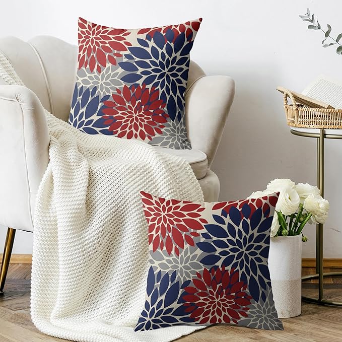 4th of July Pillow Covers 16X16 Inch Set of 2, Patriotic Blue Red Grey Modern Dahlia Floral Print Holiday Decorative Throw Pillow Covers Outdoor Farmhouse Cushion Case for Couch Sofa Bed Decor
