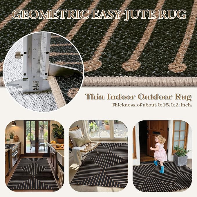 Lahome Neutral Geometric 3x5 Easy Jute Rug, Washable Rugs for Bedroom Entryway Outdoor Patio Porch Carpet, Farmhouse Rhombus Non Slip Non Shedding Black Carpet for Kitchen Entrance Balcony