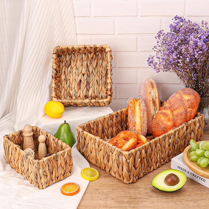 3 Set Rustic Water Hyacinth Storage Baskets - Rectangular Wicker Set for Organizing, Decorating, Bathroom, Living Room, Dining Room