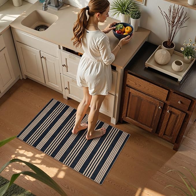 Lahome Elance Striped Easy Jute Front Door Mat, 2x3 Washable Kitchen Rug Small Indoor Outdoor Rugs for Entryway, Farmhouse Neutral Lightweight Non Slip Black Carpet for Foyer
