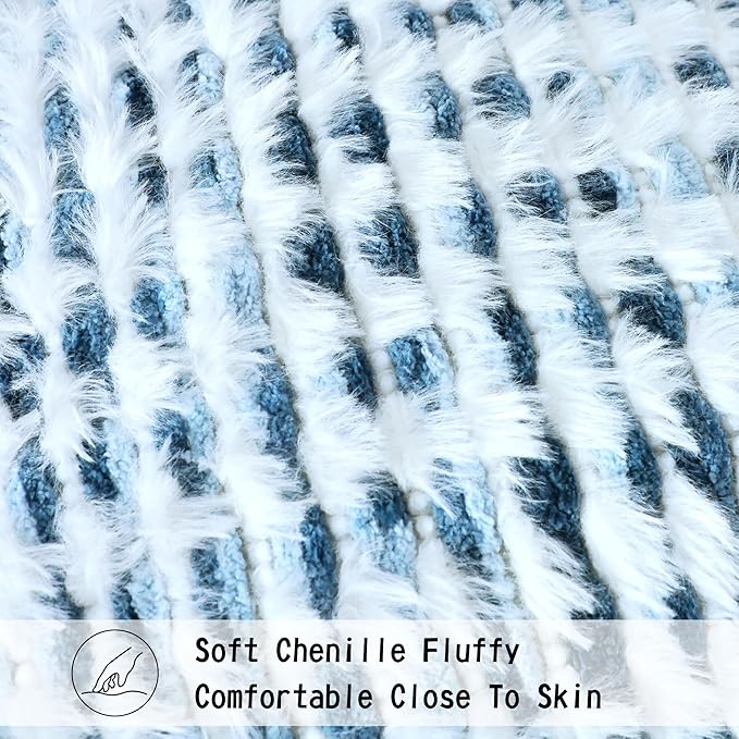 Boho Chenille Tufted Pillow Cover 18x18 Inch Set of 1, Farmhouse Striped Decorative Pillow Covers Accent Fluffy Neutral Square Pillowcases for Couch Sofa Bedroom Living Room, Blue White