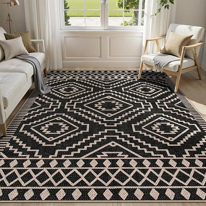 Lahome Bijou Moroccan Easy Jute Carpet, 5x7 Washable Rugs for Living Dining Room Indoor Outdoor Patio Rug, Farmhouse Non Slip Non Shedding Natural Black Carpet for Deck Backyard Entryway Classroom