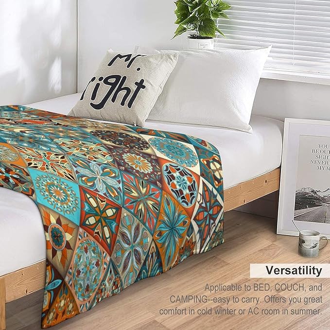 Boho Floral Throw Blanket Mandala Colorful Bohemian Flowers Art Pattern Blanket for Sofa Bed Couch Chair Or Dorm 40"x50"