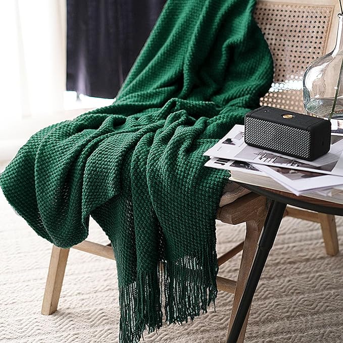 LOMAO Knitted Throw Blanket with Tassels Bubble Textured Lightweight Throws for Couch Cover Home Decor (Green, 60x80)
