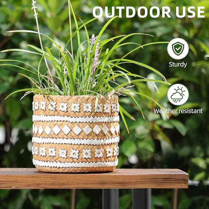 Concrete Rattan-Style Plant Basket Planter, 5" Plant Pots Indoor Outdoor with Drainage Hole, Boho Flower Pot for Succulents, Herbs, Modern Farmhouse Decor, Ideal Gift for Plant Lovers