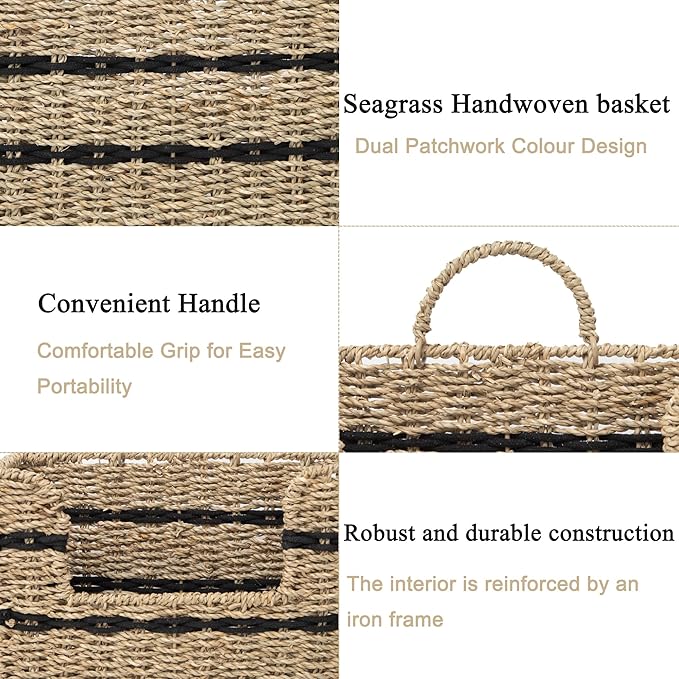 Handmade Seagrass Woven Hanging Basket with Black Cotton Rope - 11.81 x 4.33 x 7.87 Inches - Ideal for Wall Decor & Storage (Rectangular opening)