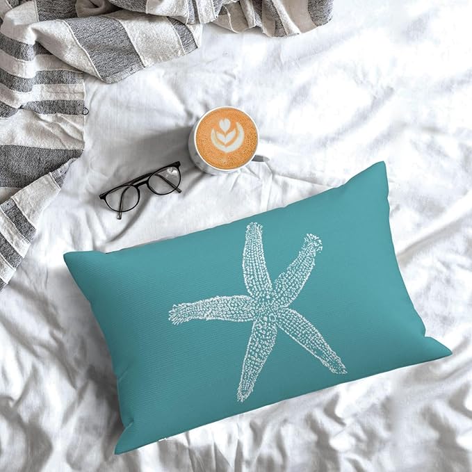 Coastal Pillow Covers 12x20 Set of 2 Aqua Teal Turquoise Coral Starfish Throw Pillows Nautical Ocean Decorations Summer Linen Beach Pillowcase Outdoor Decor Farmhouse Cushion Case for Couch