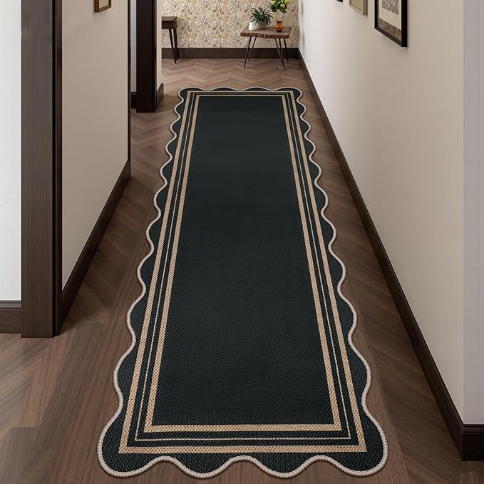 Scalloped Easy Jute Hallway Runner Rug, 2.6x8 Kitchen Non Slip Runner Washable Outdoor Indoor Long Rug, Farmhouse Morden Carpet for Porch Bedroom Laundry