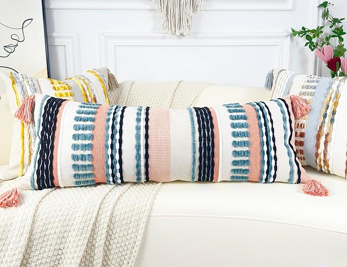 Chenille and Cotton Long Pillow for Bed,Striped Textured Boho Long Lumbar Throw Pillow Cover 14x36,Neutral Accent Decorative Extra Long Body Pillow Case for Couch Sofa Bedroom,Turquoise